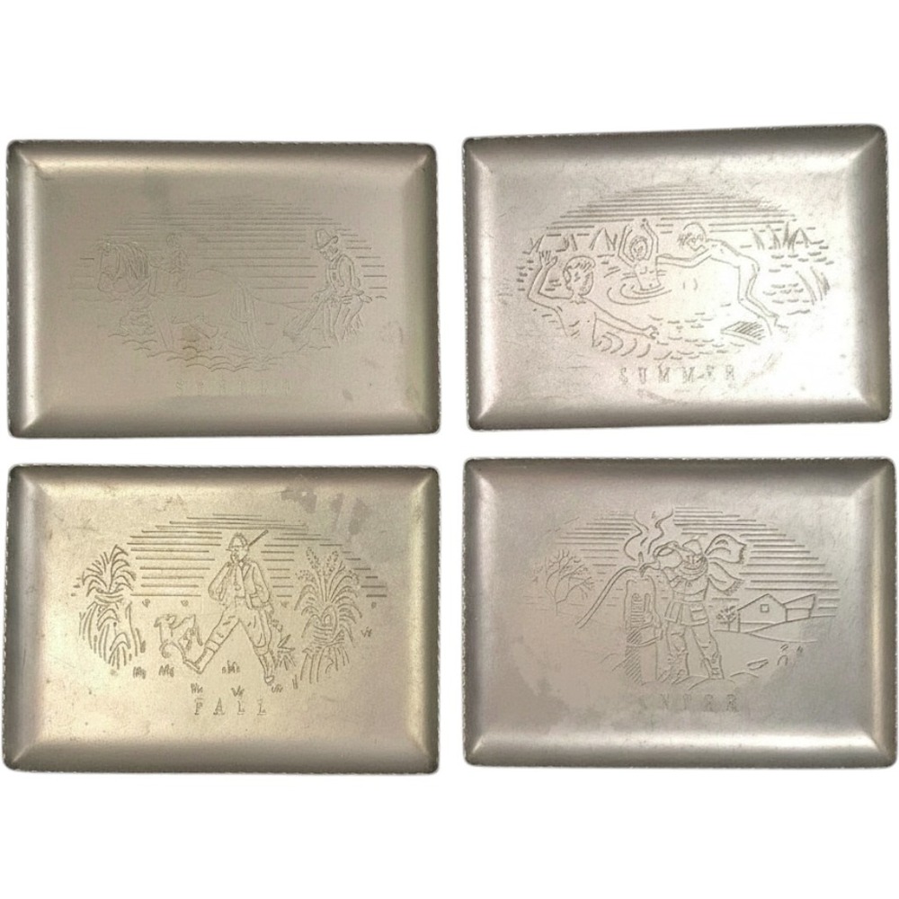 Vintage Etched Aluminum 4 Seasons Coaster Trinket Tray Set Scalloped Edge Silver